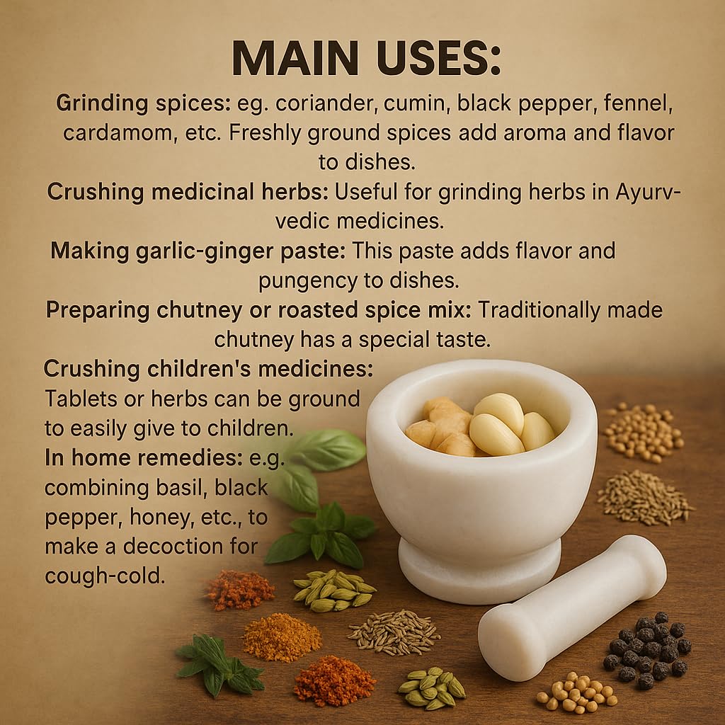 KunhaR Natural White Marble Mortar and Pestle Set, Imam Dasta, Ohkli Musal, Kharal - 3 x 3 Inches, White, (Half Polish)